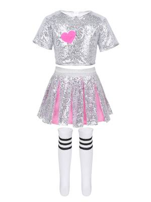 Kids Girls Sequins Short Sleeves Crop Top with Skirt Socks Dance Set front image