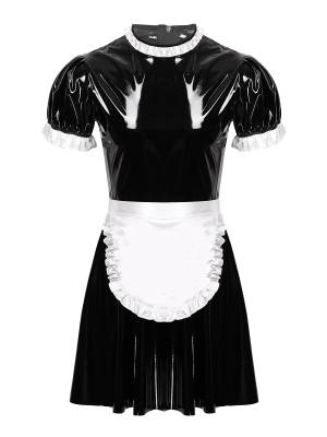 Men Round Neck Short Sleeve Patent Leather Maid Dress with Apron front image