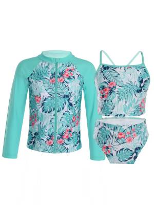 Kids Girls 3Pcs Butterfly Tankini and Rash Guard Swimsuit Set front image