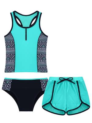 Kids Girls 3pcs Sleeveless Tops with Shorts and Briefs Swimming Set front image