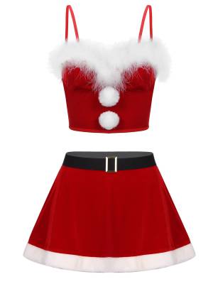 Women 2pcs Christmas Flannel Faux Fur Crop Top and Miniskirt Set front image