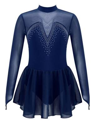 Kids Girls Long Sleeve Hollow Back Skating Dance Leotard Dress front image