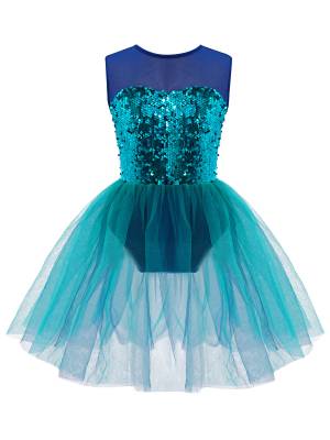 Kids Girls Sleeveless Sequins Mesh Skirt Jazz Dance Dress front image