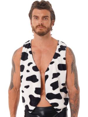 Men V Neck Sleeveless Open Front Cow Printed Flannel Waistcoat front image