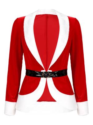 Women Christmas Santa Costume V Neck Long Sleeves Colorblock Coat with Belt front image