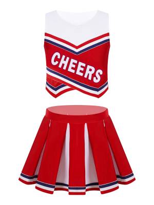 Kids Girls 2pcs V Neck Cheers Print Vest and Pleated Skirt Cheerleading Set front image