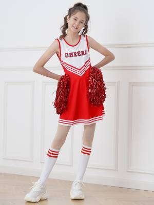 Kids Girls Sleeveless Cheerleading Dance Dress with Flower Balls and Socks front image