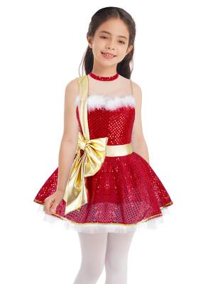 Kids Girls Christmas Sleeveless Mesh Bowknot Sequins Dance Leotard Dress front image