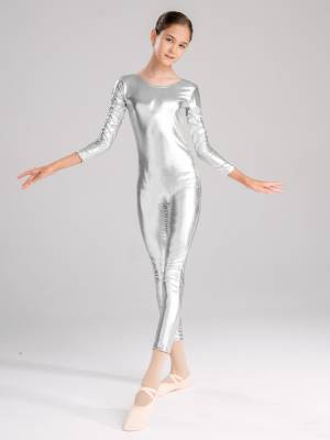 Kids Girls Glossy Long Sleeves Gymnastics Unitard Jumpsuit front image