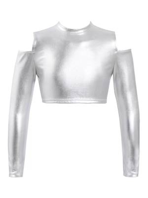 Kids Girls Long Sleeves Cold Shoulder Glossy Metallic Jazz Crop Top front image