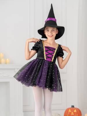 Kids Girls Short Sleeve Mesh Tutu Dress with Pointed Hat Witch Costume Set front image