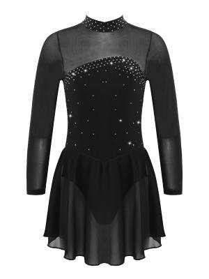 Kids Girls Mesh Long Sleeves Figure Ice Skating Leotard Dress front image