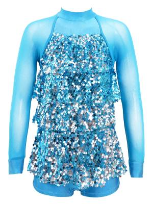 Kids Girls Long Sleeve Ruffle Sequin Backless Jazz Dance Leotard front image