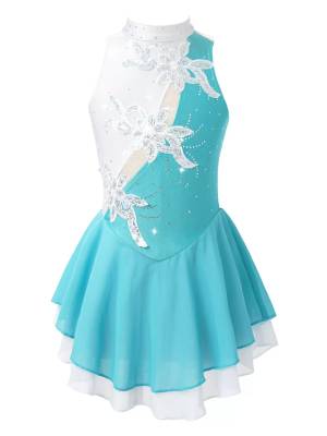 Kids Girls Sleeveless Sequin Floral Ruffle Skating Dance Dress front image