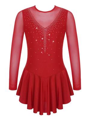 Kids Girls Long Sleeve V Shape Rhinestone Hollow Back Skating Dress front image