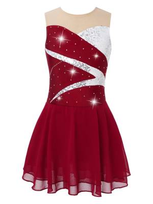 Kids Girls Sleeveless Sequined Rhinestone Skating Dance Dress front image