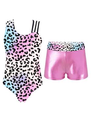 Kids Girls Asymmetric Shoulder Leotard with Shorts Gymnastic Set front image