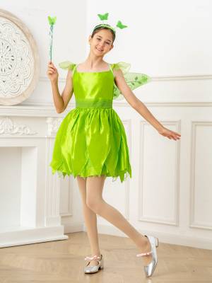 Kids Girls Elf Costume Square Neck Flutter Sleeve Dress with Headwear and Wings front image