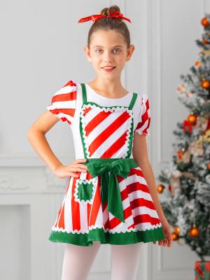 Kids Girls Christmas Ruffle Short Sleeve Striped Bowknot Tutu Dress front image