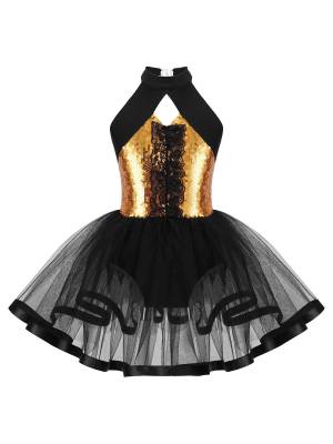 Kids Girls Sleeveless Sequins Ruffle Ballet Dance Leotard Tutu Dress front image