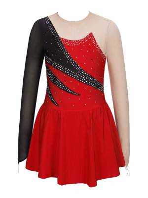 Kids Girls Long Sleeve Shiny Rhinestone Ruffle Skating Dance Dress front image