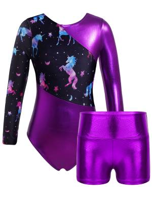 Kids Girls Long Sleeve Printed Patchwork Leotard with Shorts Sport Set front image