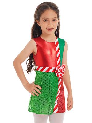 Kids Girls Striped Color Block Sleeveless Sequins Christmas Leotard Dress front image