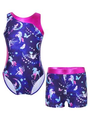 Kids Girls 2pcs Unicorn Rainbow Printed Gymnastics Dance Sets front image