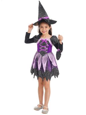 Kids Girls Halloween Witch Shiny Stars Long Sleeve Dress with Hat and Bag front image