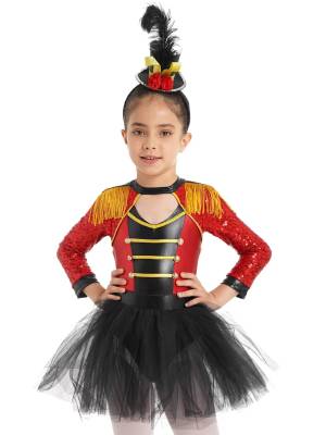 Kids Girls Sequin Tassel Epaulet Tutu Dress with Hat Magician Costume front image