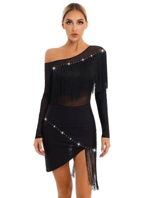 Women Long Sleeve Tassel Samba Latin Dance Dress front image