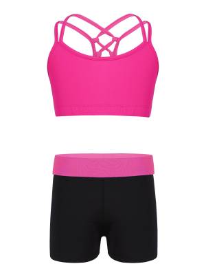 Kids Girls 2pcs Solid Color Strappy Crop Top and Shorts Sports Set front image