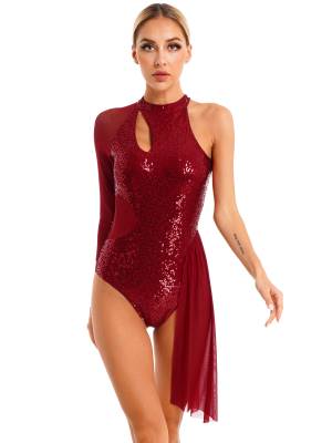 Women Glitter Sequins One Shoulder Figure Skating Leotard front image