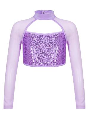 Kids Girls Long Sleeve Hollow Sequin Jazz Dance Crop Top front image