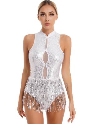 Women Sleeveless Sequins Tassel Latin Jazz Dance Leotard front image