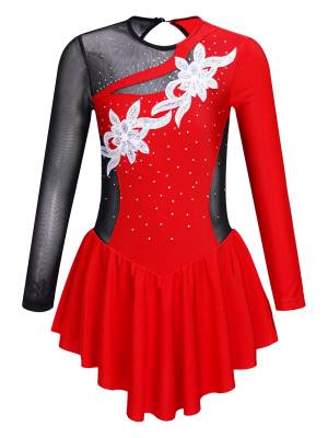 Kids Girls Long Sleeve Sequins Rhinestone Skating Dance Dress front image