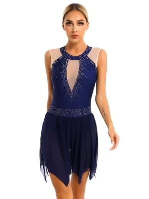 Women Glitter Rhinestone Sleeveless Figure Skating Leotard Dress front image