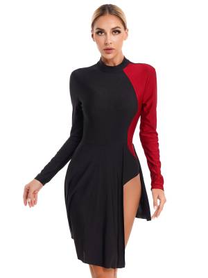 Women Color Block Long Sleeve Lyrical Dance Leotard Dress front image