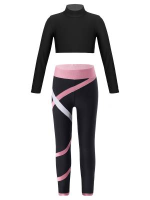 Kids Girls 2pcs Long Sleeves Crop Top and Colorblock Leggings Sports Set front image