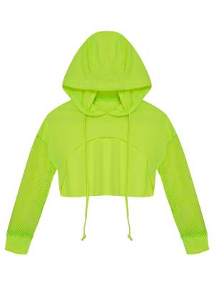 Kids Girls Drawstring Hooded Crop Top Mesh Sleeve Hoodie front image