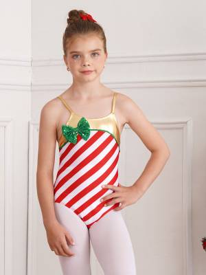 Kids Girls Christmas Straps Stripes Sequins Bowknot Bodysuit front image