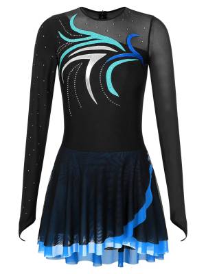 Women Glitter Rhinestone Long Sleeve Skating Dress front image