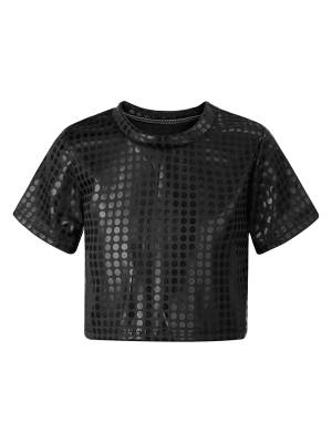 Kids Short Sleeve Round Neckline Shiny Sequins Jazz Dance Crop Top front image