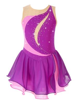 Kids Girls Sleeveless Shiny Rhinestone Ruffle Skating Dance Dress front image