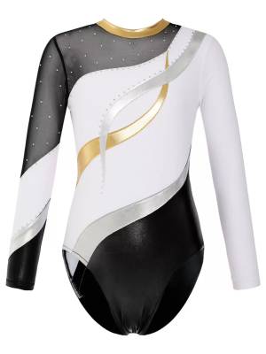 Kids Girls Long Sleeve Hollow Back Shiny Rhinestone Dance Leotard front image