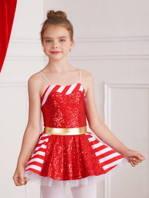 Kids Girls Christmas Striped Sequin Straps Tutu Dress front image