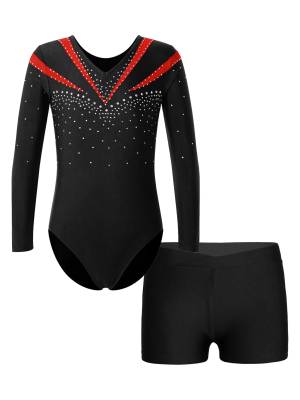 Kids Girls 2pcs Long Sleeve Slim Fit Leotard and Shorts Gymnastics Set front image