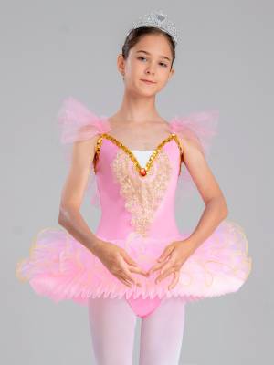 Kids Girls Ruffle Flutter Sleeve Sequin Ballet Dance Tutu Dress front image