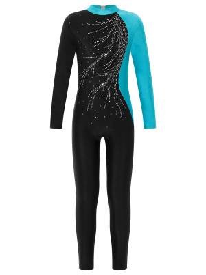 Kids Girls Long Sleeve Rhinestone Gymnastic Unitard Dance Jumpsuit front image