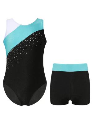 Kids Girls 2pcs Sleeveless Gymnastics Leotards and Shorts Dance Set front image